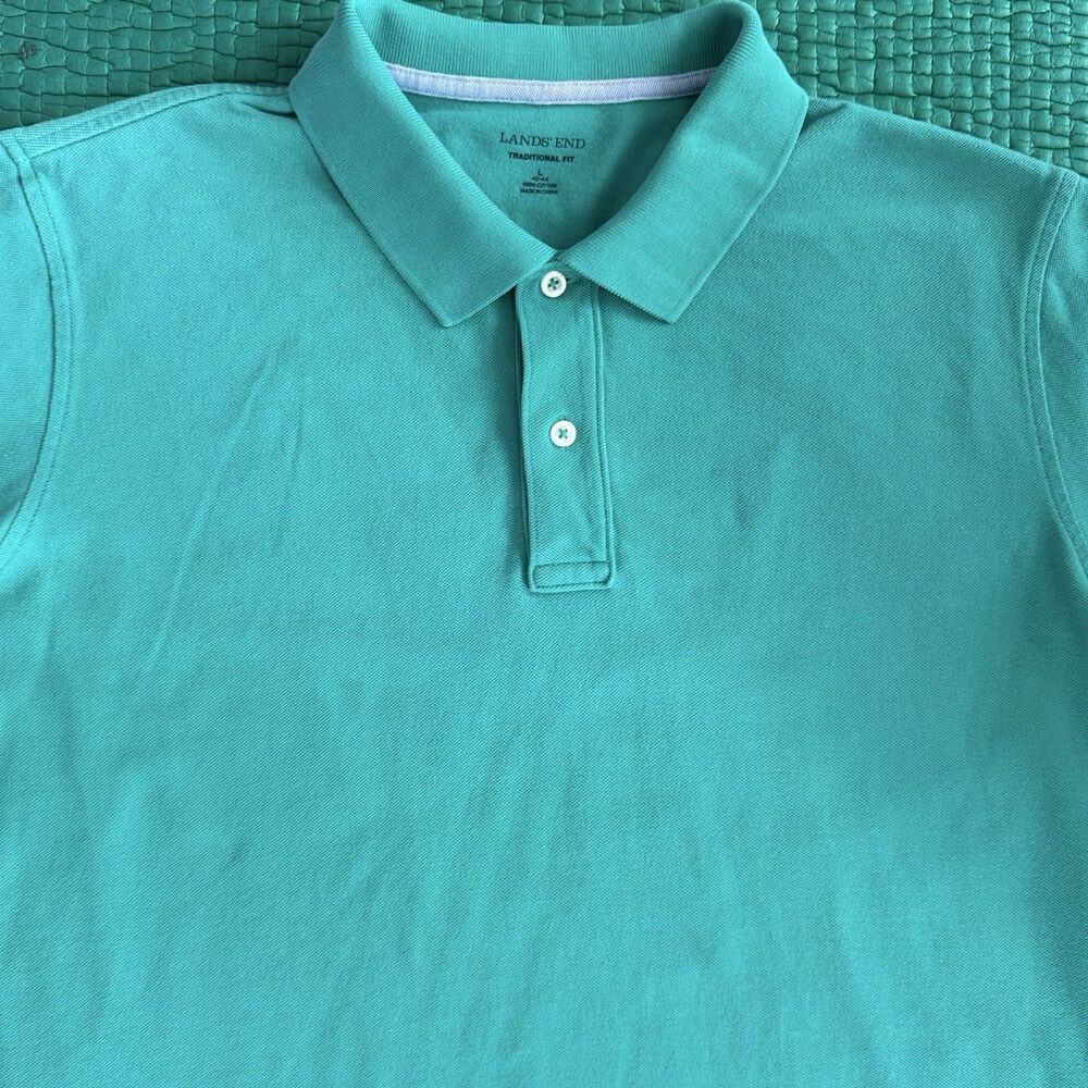 Vintage Lands End Polo Men L Turquoise Blue Made In USA Short Sleeve Shirt Faded - Picture 5 of 14